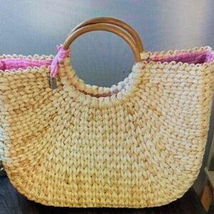 INCA by Stephanie Hirsch Woven Straw Tote Bag with Pink Gingham Lining